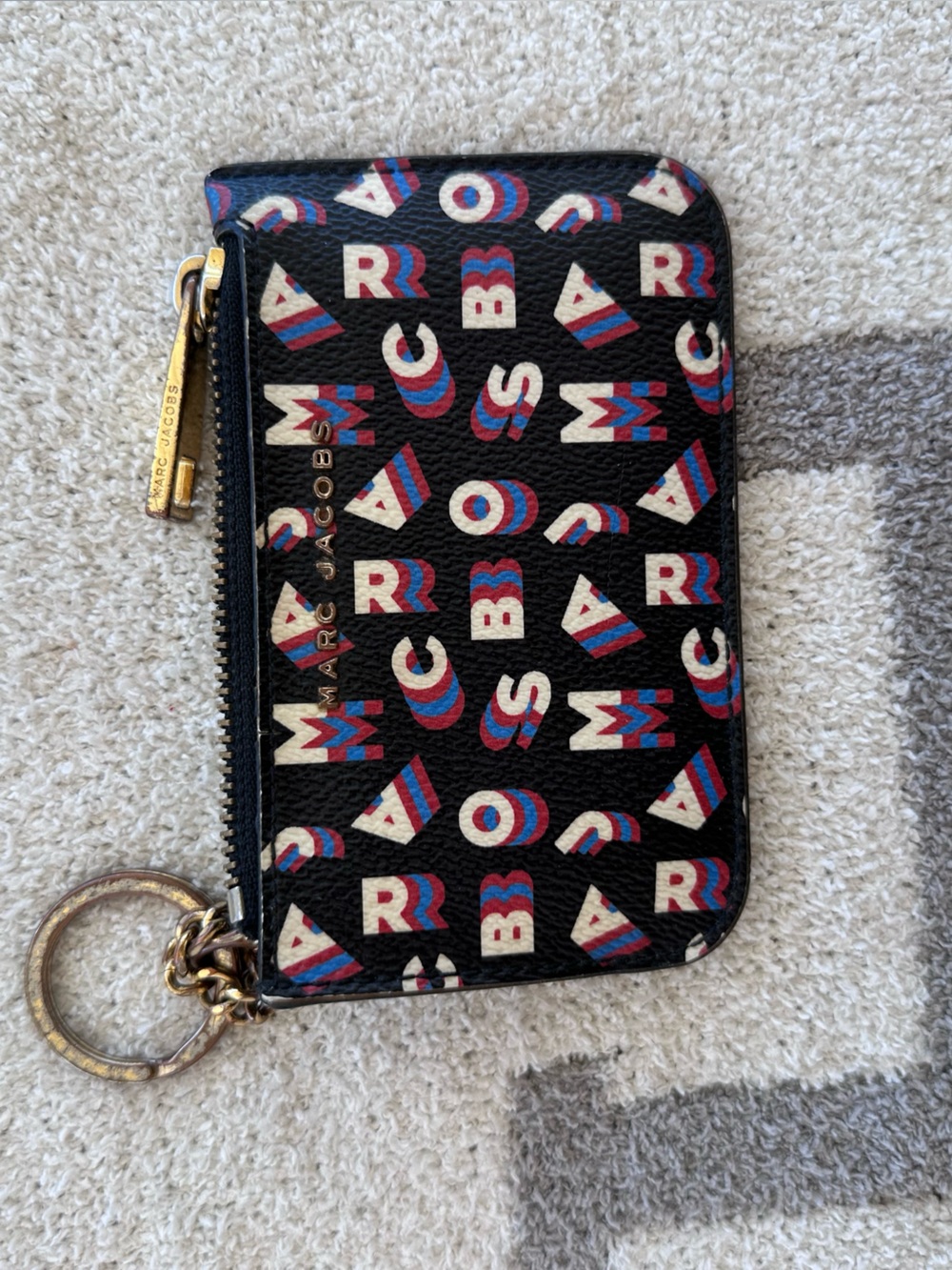 Marc Jacobs Black Pebbled Logo Print Zip Card Case with Keyring